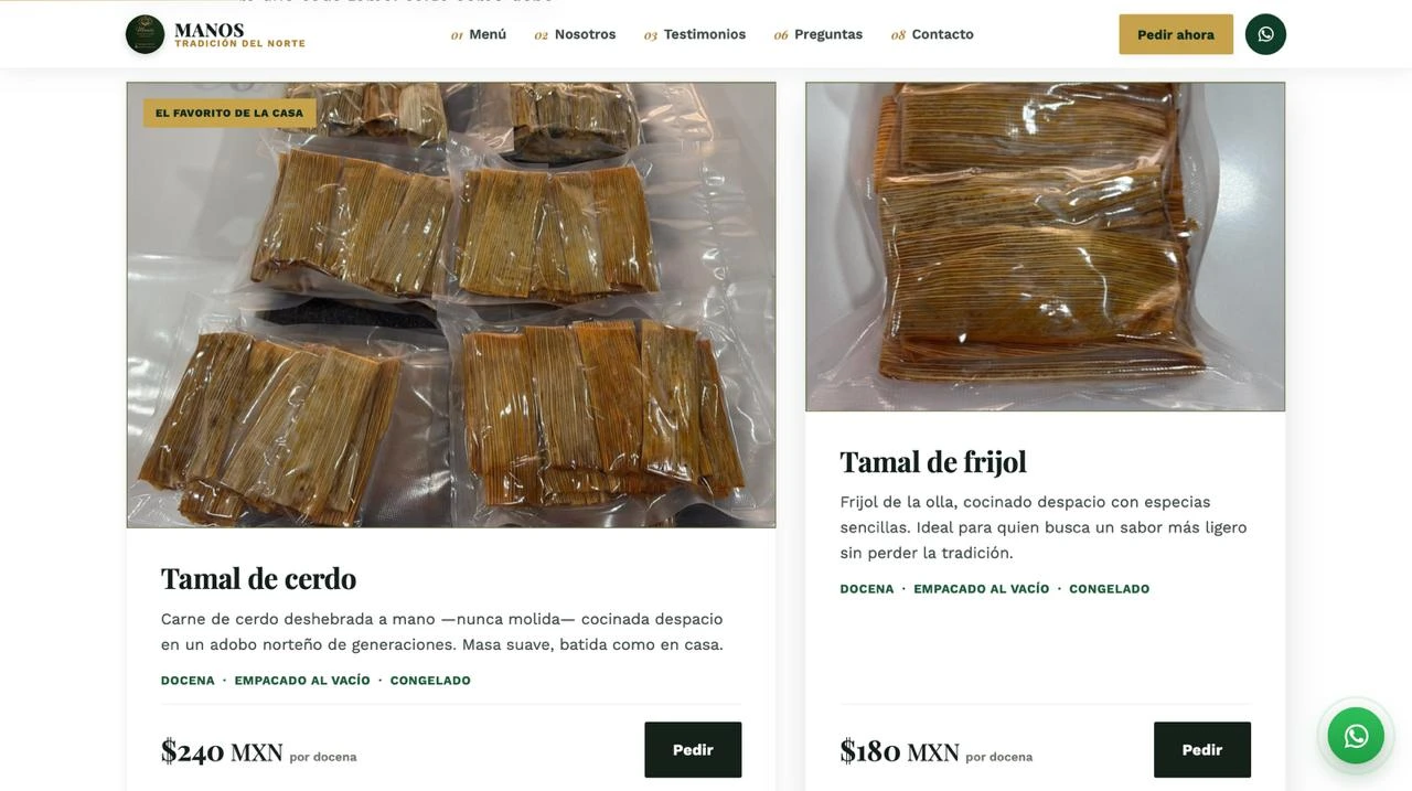 Tamales de cerdo y frijol, vendidos por docena, empacados al vacío y congelados.